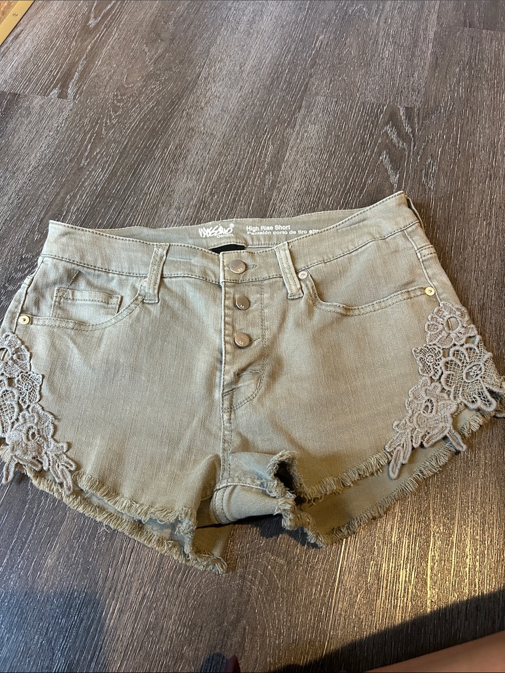 Massimo Olive Green Lace-Trim High-Rise Denim Shorts